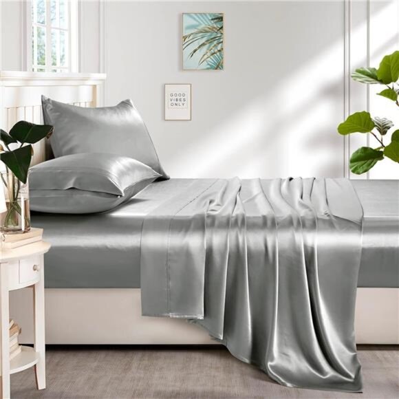 Lanest Housing Silk Satin Sheets, Full Size Satin Bed Sheet Set with Deep - Picture 5 of 16